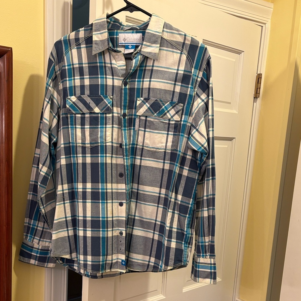 Columbia Men's Navy and Teal Plaid Shirt